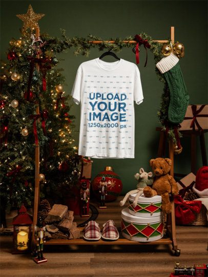 Comfort Colors 1717 Garment-Dyed T-Shirt Mockup Hanging on a Christmas-Decorated Rack m59321