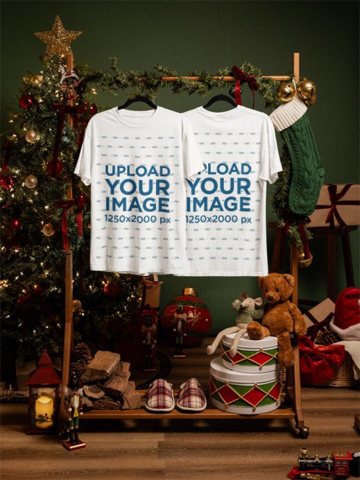Mockup of Two Comfort Colors 1717 T-Shirt Hanging on a Christmas-Decorated Set