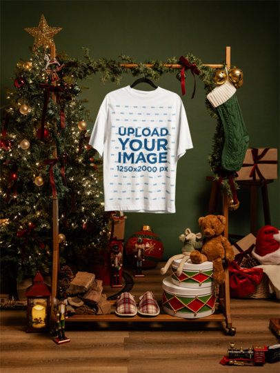 Mockup of an Oversized T-Shirt Hanging on a Christmas-Decorated Setting m59318