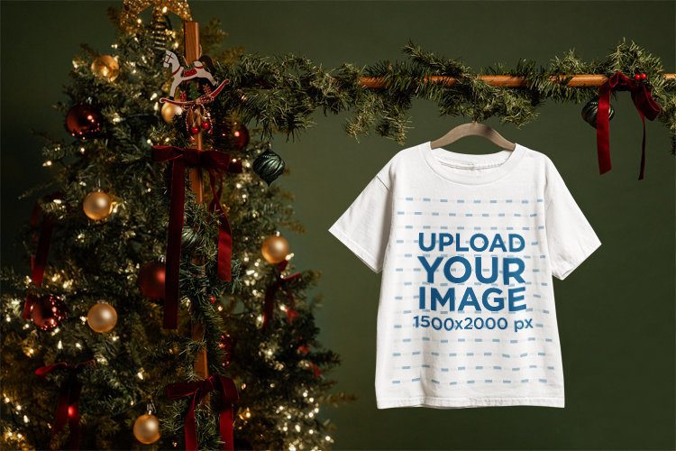 Gildan 5000B Mockup of a Round-Neck T-Shirt Placed on a Hanger in a Christmas Setting