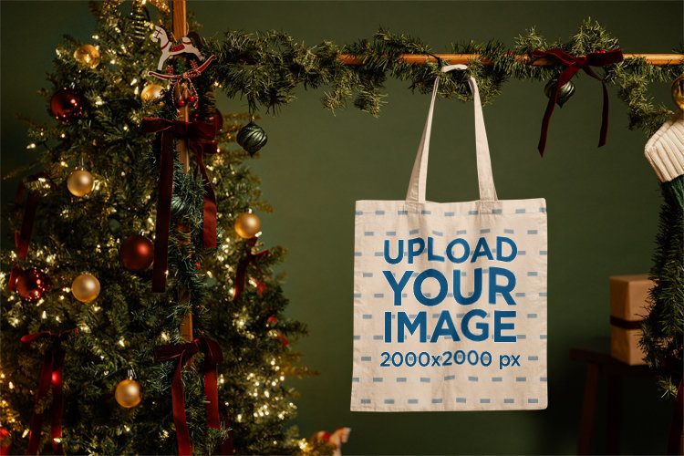 Tote Bag Mockup Featuring a Set With Christmas Decorations