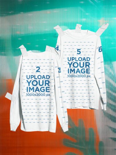 Two Comfort Colors 6014 Garment-Dyed Long Sleeve T-Shirt Mockups on a Dual Colorful Background m59083