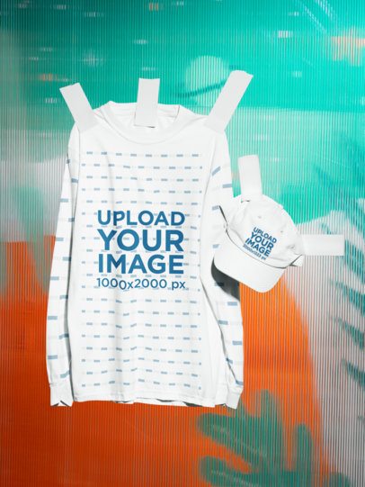 Comfort Colors 6014 Garment-Dyed Long Sleeve T-Shirt Mockup on a Colorful Background Featuring a Dad Hat  m59081