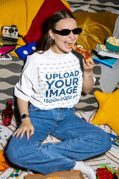 Oversized T-Shirt Mockup Featuring a Woman Eating a Slice of Pizza m58522