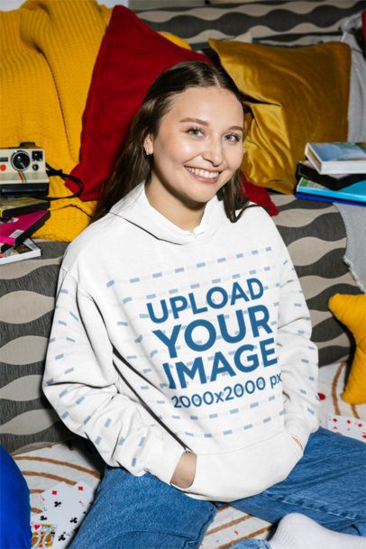 Comfort Colors 1567 Mockup of a Smiling Woman Wearing a Hoodie With Customizable Sleeves m58521