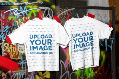 Mockup of Two Oversized T-Shirts Pasted on a Graffiti Wall m59092