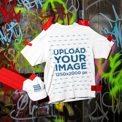 Mockup of an Oversized T-Shirt and a Dad Hat Pinned on a Graffiti Wall m59093