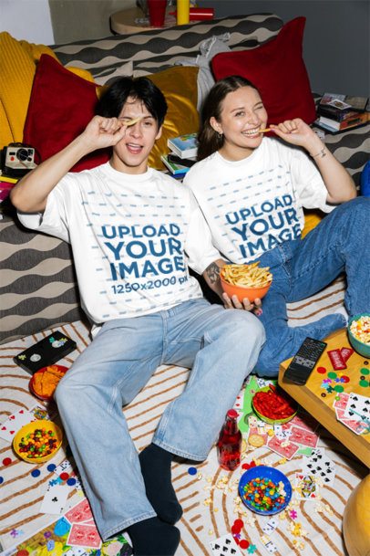 Two Oversized T-Shirt Mockups of Friends With Pizza and Snacks m58524