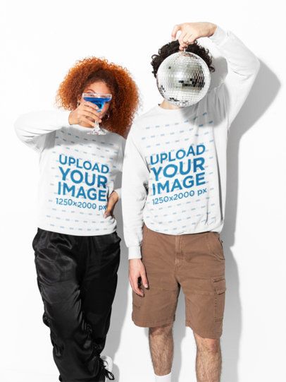 Comfort Colors 1566 Garment-Dyed Sweatshirt Mockups of Two Friends With a Disco Ball and Drink m59011