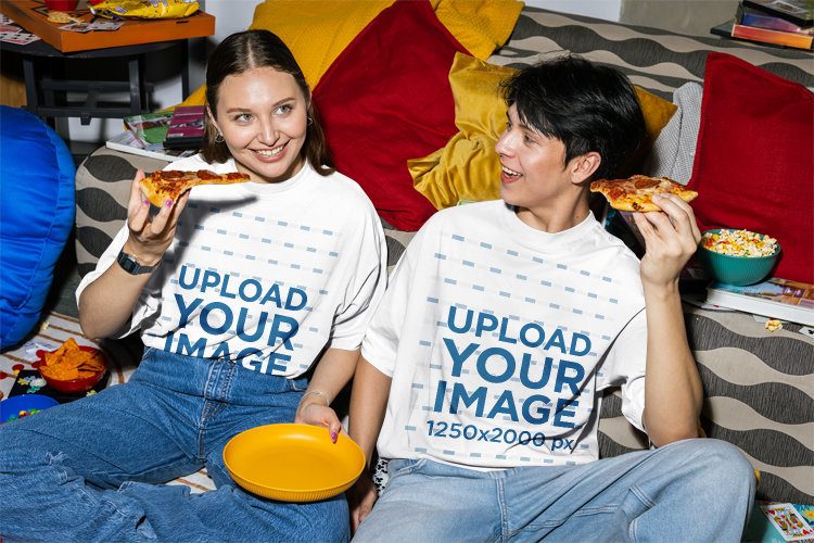 T-Shirt Mockups of Two Friends Having a Pizza Party 