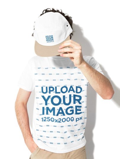 Comfort Colors 1717 T-Shirt Mockup of a Man Covering His Face With a Yupoong 7005 Panel Cap