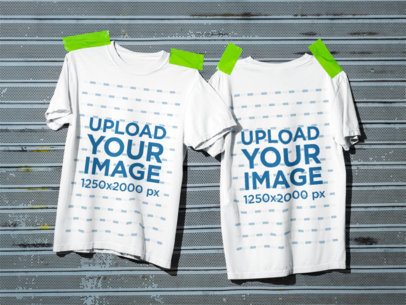 Comfort Colors 1717 Mockup Featuring Two T-Shirts Pinned on a Metal Wall m59096