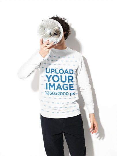 Comfort Colors 6014 Long-Sleeve Tee Mockup of a Man Hiding His Face Behind a Disco Ball m59017