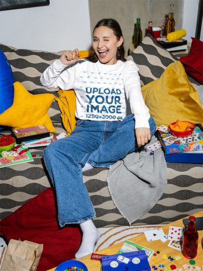 Comfort Colors 6014 Long-Sleeve Tee Mockup of a Happy Woman Eating Chips m58530