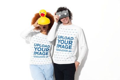 Comfort Colors 6014 Mockup of a Happy Man and a Surprised Woman in Long-Sleeve Tees Hiding Their Faces
