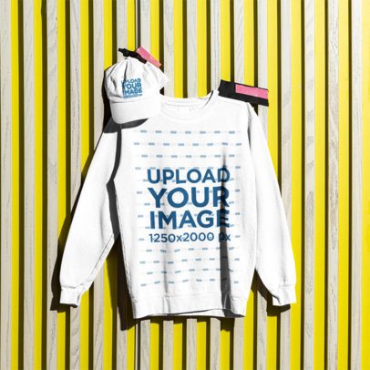 Mockup of a Dad Hat and a Comfort Colors 1566 Sweatshirt Pinned on a Wall