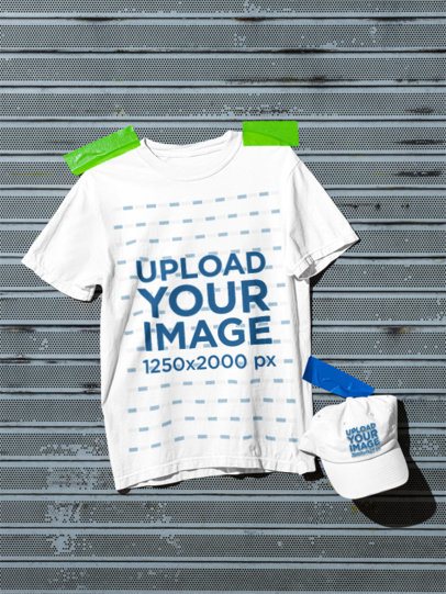 Comfort Colors 1717 Mockup Featuring a T-Shirt and a Dad Hat Pinned on a Metal Wall m59097