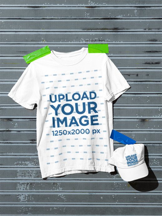 Comfort Colors 1717 Mockup Featuring a T-Shirt and a Dad Hat Pinned on a Metal Wall