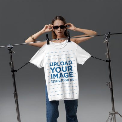 Comfort Colors 1717 Tee Mockup Featuring a Woman With Dark Sunglasses in a Studio