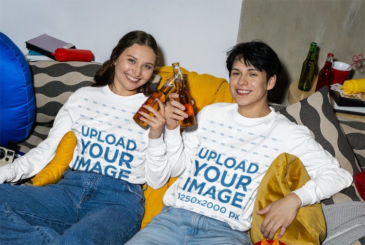 Comfort Colors 6014 Long Sleeve T-Shirt Mockup Featuring Two Happy Friends Cheering With Beer