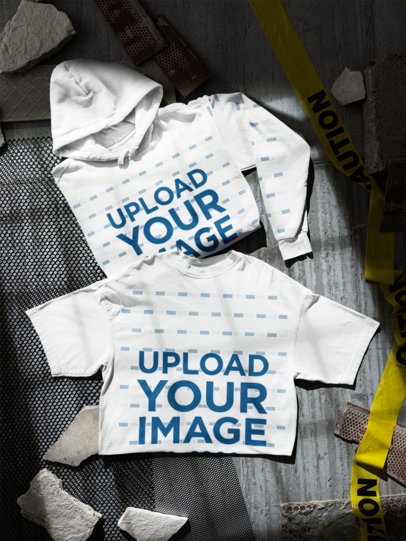 Comfort Colors Clothing Mockup of Plain Streetwear Tops Including a Tee and Pullover Hoodie laid flat on a Concrete Floor
