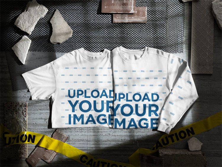 Streetwear Apparel Mockup of Plain Comfort Colors Tops with a Short Sleeve Shirt and Crewneck Sweatshirt on Concrete