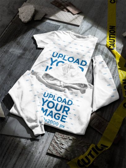 Mockup of Hoodie and T-Shirt Flat Lay in a Construction Setting m59586