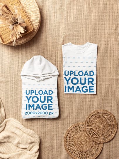 Comfort Colors 1717 T-Shirt and 1567 Hoodie Mockup in a Boho Flat Lay Setting m59594