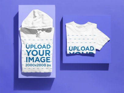 Apparel Bundle Mockup featuring a Folded Hoodie and T-Shirt on Geometric Platforms m59603