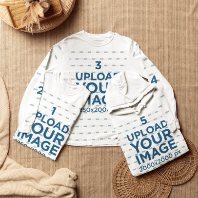 T-Shirt Long Sleeve, T-Shirt and Hoodie Mockup featuring a Apparel Bundle Laid Flat on a Textured Fabric Surface