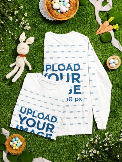 Comfort Colors 6014 Mockup of Two Long-Sleeve Tees Placed on an Easter-Themed Setting
