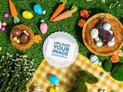 Mockup of a Postcard Placed on an Easter-Themed Picnic m59842