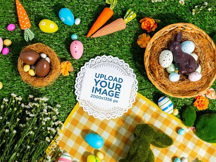 Mockup of a Postcard Placed on an Easter-Themed Picnic