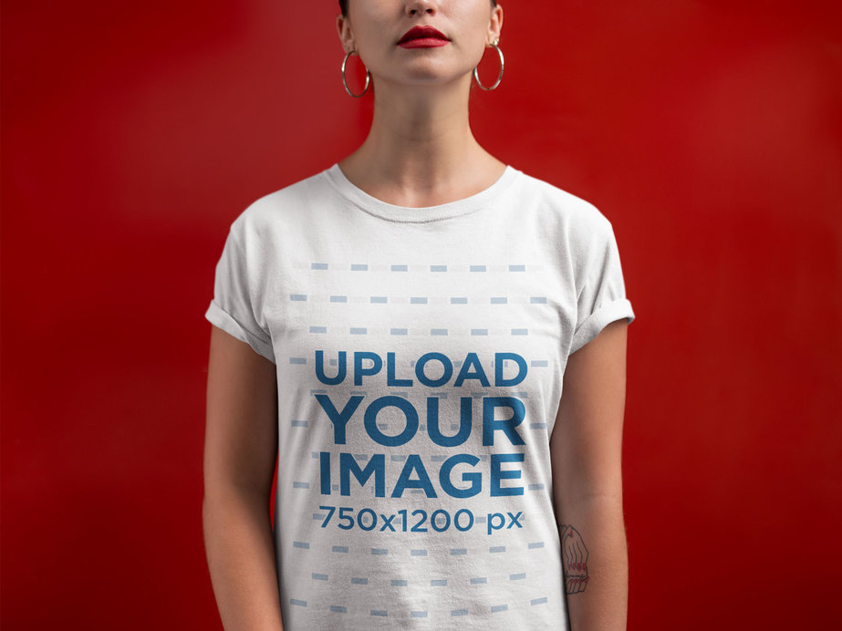 Closeup T-Shirt Mockup of a Woman Against a Red Wall