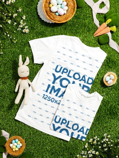 Mockup of Two Comfort Colors 1717 T-Shirts Lying on the Grass With Easter Decorations m59833