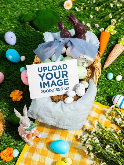 Mockup of a Horizontal Postcard Inside a Decorated Easter Basket m59843