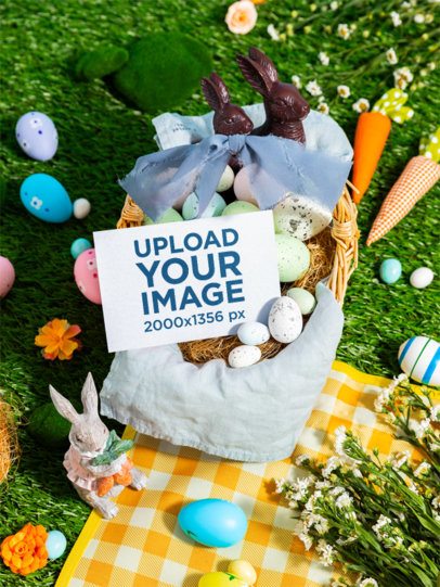 Mockup of a Horizontal Postcard Inside a Decorated Easter Basket