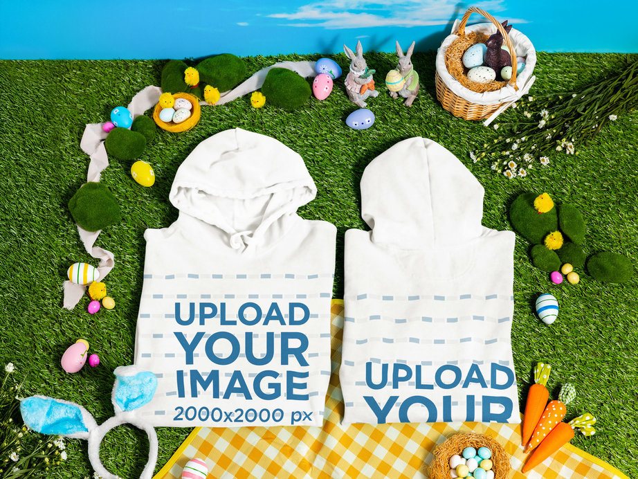 Spring Easter Flat Lay Mockup Featuring Two Comfort Color Hoodies