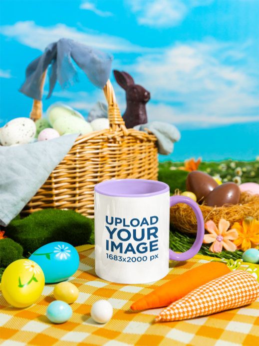 Festive Easter Mug Mockup On A Yellow Checkered Blanket