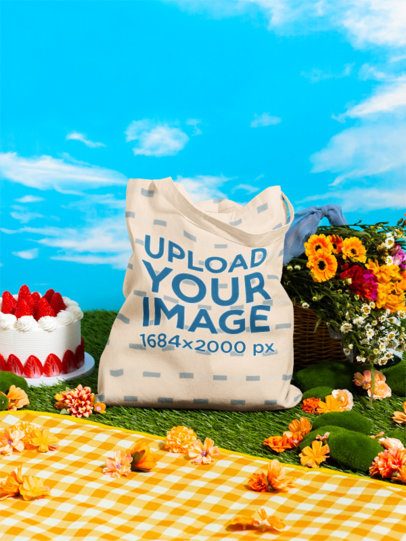 Tote Bag Mockup Featuring a Spring Picnic Day Setting