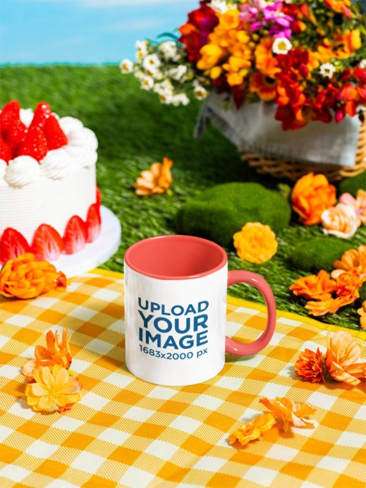 Outdoor Picnic Mug Mockup With A Cake And Flower Basket
