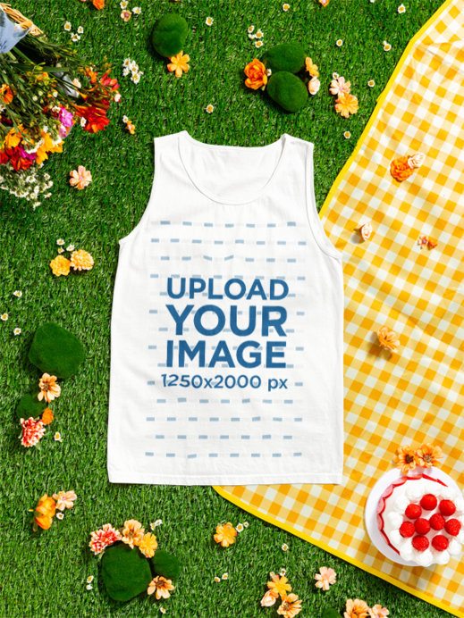 Comfort Colors 9360 Tank Top Mockup featuring a Flat Lay Picnic Blanket and Cake