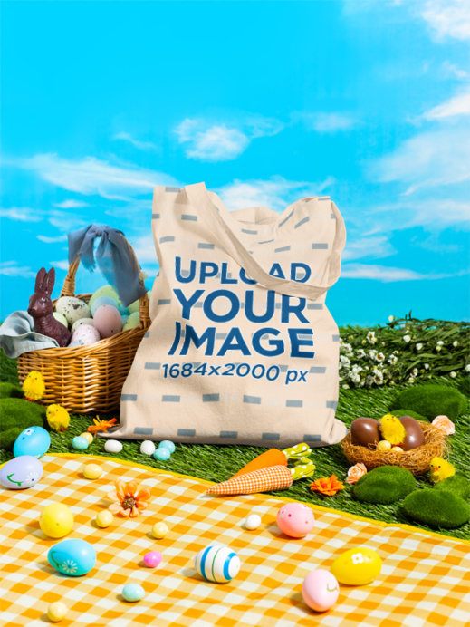 Shopper Mockup featuring a Carryall Bag with Easter Baskets and Floral Accents
