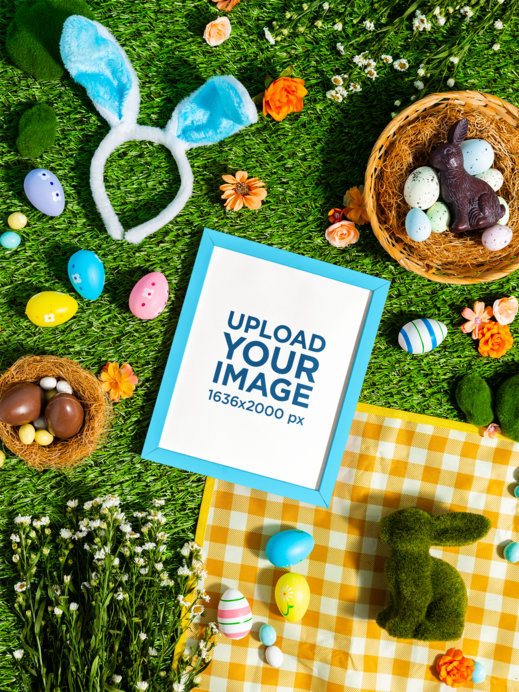 Framed Poster Mockup in an Easter Themed Flat Lay Setting