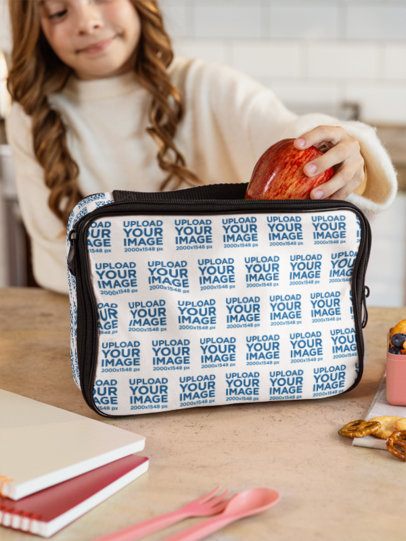 Lunch Bag Mockup featuring a Young Girl Putting an Apple Inside in a Kitchen Setting