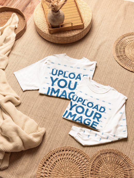 T Shirt and Long Sleeve T Shirt Mockup featuring an Apparel Set Laid Flat in a Neutral Aesthetic Setting