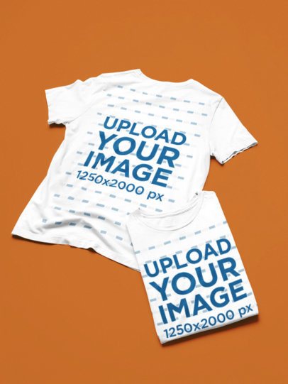 T-Shirt Bundle Mockup featuring a Flat Lay of One Open and One Folded Shirt over a Customizable Background m52204