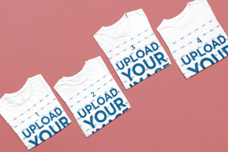 Folded T-Shirt Mockup of a Group of Four Shirts Arranged in a Line on an Editable Solid Color