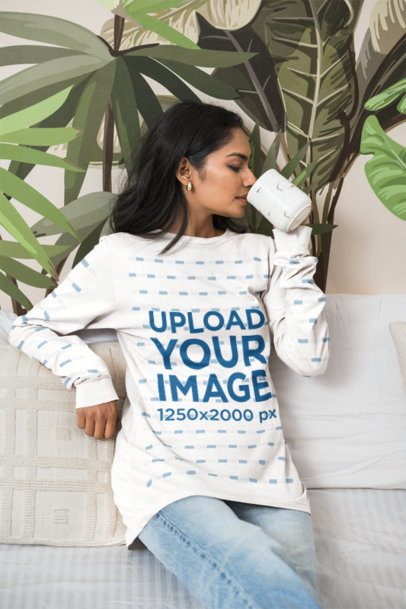 Long Sleeve T-Shirt Mockup featuring a Gen Z Woman drinking from a Coffee Mug m55399