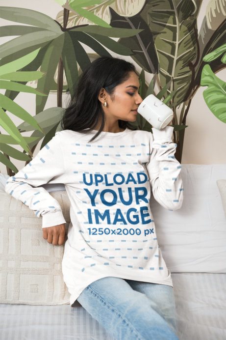 Long Sleeve T-Shirt Mockup featuring a Gen Z Woman drinking from a Coffee Mug